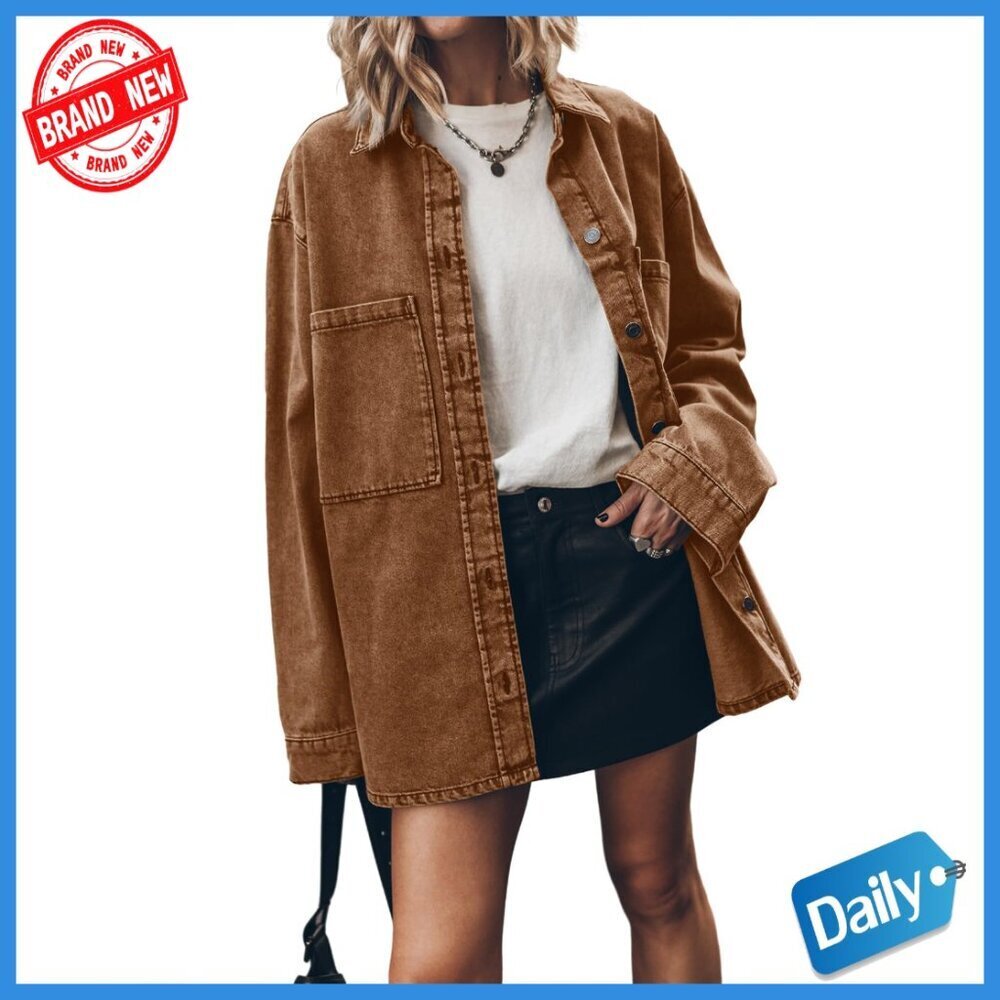 Oversized Denim Jacket Long Sleeve Button Up Casual Loose Fit